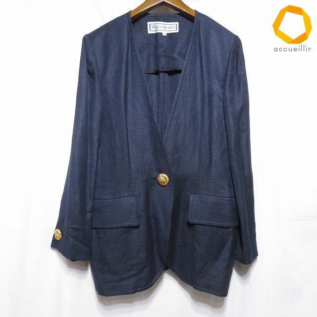 #anc イヴサンローラン Yves Saint Laurent ジャケット L 紺 薄手 麻混 イタリア製生地 金ボタン レディース [1014103]