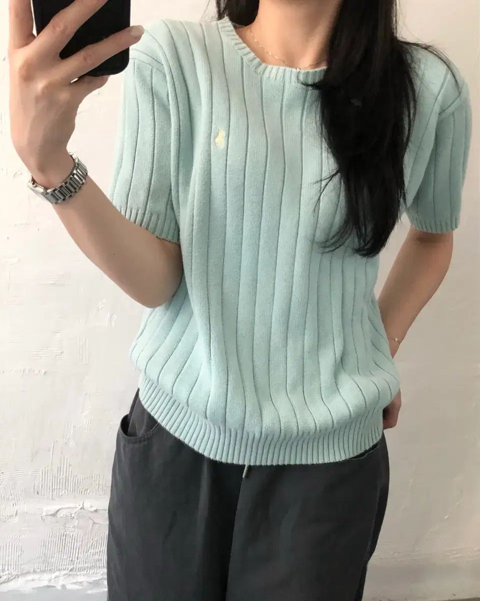 Polo ラルフローレン ウィメンズ LINE ミント COLOR スリット LINE コットン 半袖 ニット