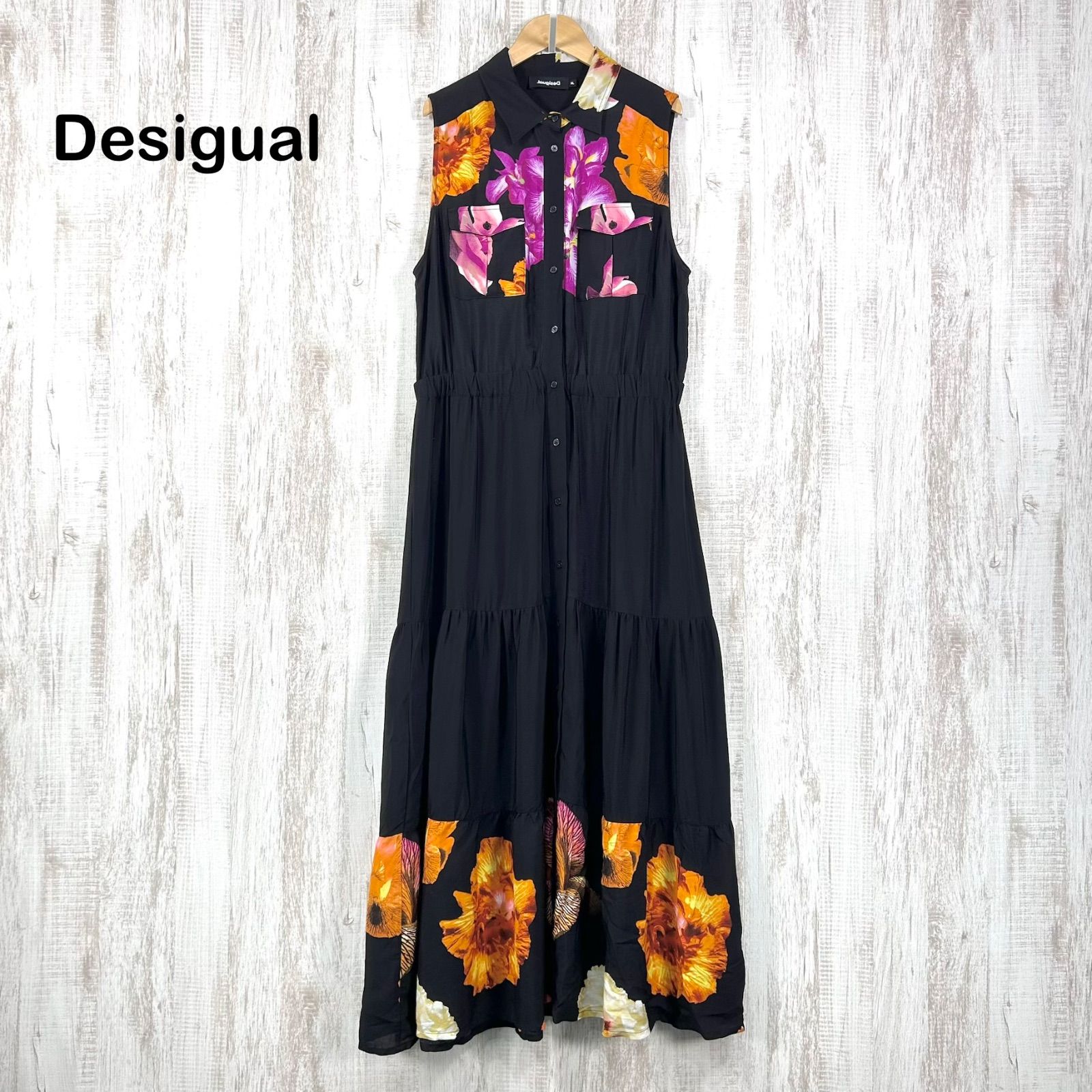 美品 Desigual デシグアル M.Christian Lacroix 花柄 ロングシャツワンピース ブラック 大きいサイズ