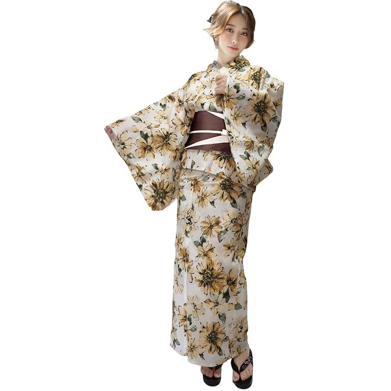 [Aletta domani] 浴衣 レディース 変わり織 二部式 セパレート浴衣 リバーシブル帯 3way 高見え 2点セット(浴衣、半幅帯 リバーシブル) レディース 古典柄 花火大会 M サイズ 黄金の華（ベージュ）