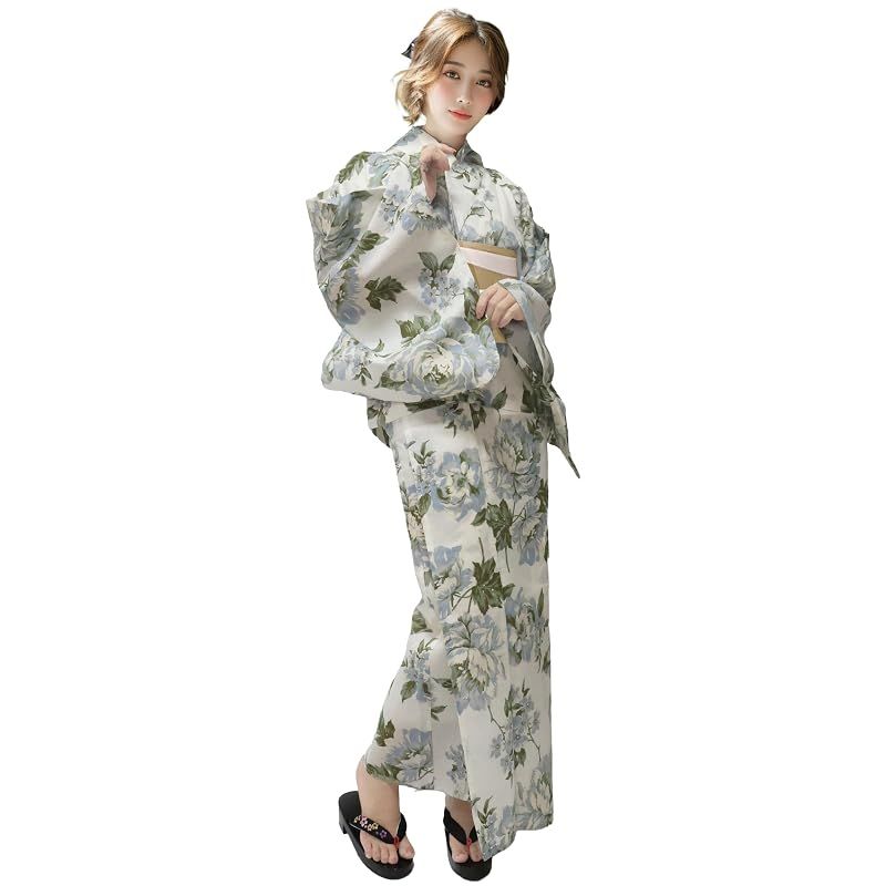 [Aletta domani] 浴衣 レディース 変わり織 二部式 セパレート浴衣 リバーシブル帯 3way 高見え 2点セット(浴衣、半幅帯 リバーシブル) レディース 古典柄 花火大会 L サイズ 黄苑牡丹（ベージュ）