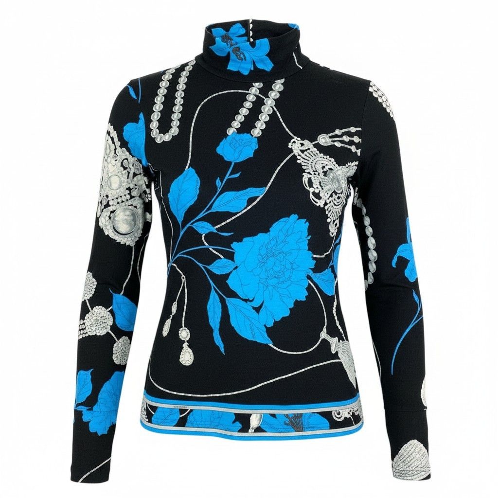 60d13 LEONARD FASHION レオナール ロングスリーブカットソー 美しい花柄プリント ハイネック トップス ウールシルク混 サイズ40 ブラック レディース 女性用u02t