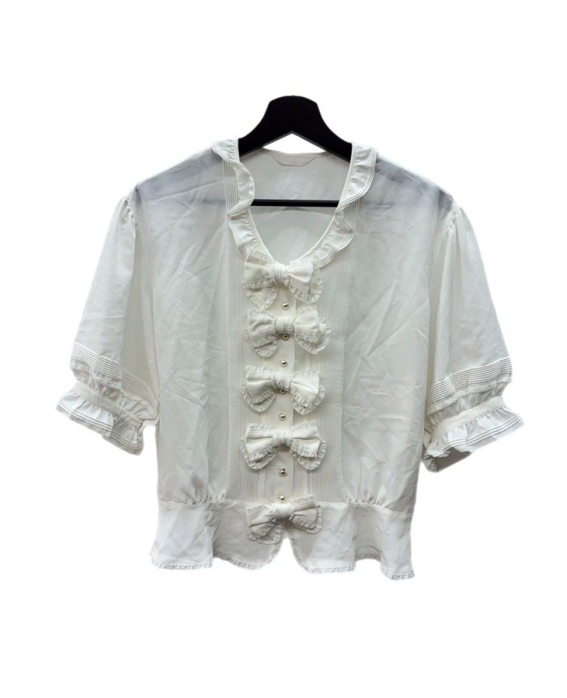 カネコイサオ KANEKO ISAO フロント パールボタン ブラウス BLOUSE SHIRT リボン フリル ピコット ピンタック パフスリーブ レトロ ゴスロリ WHITE 白 K73FB32 半袖シャツ ホワイト 104LT-538