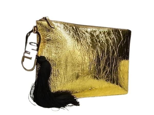 FENDI フェンディ クラッチバッグ ラージ フラット ポーチ 8N0178 ゴールド系 レザー ユニセックス タッセル 新品未使用展示品