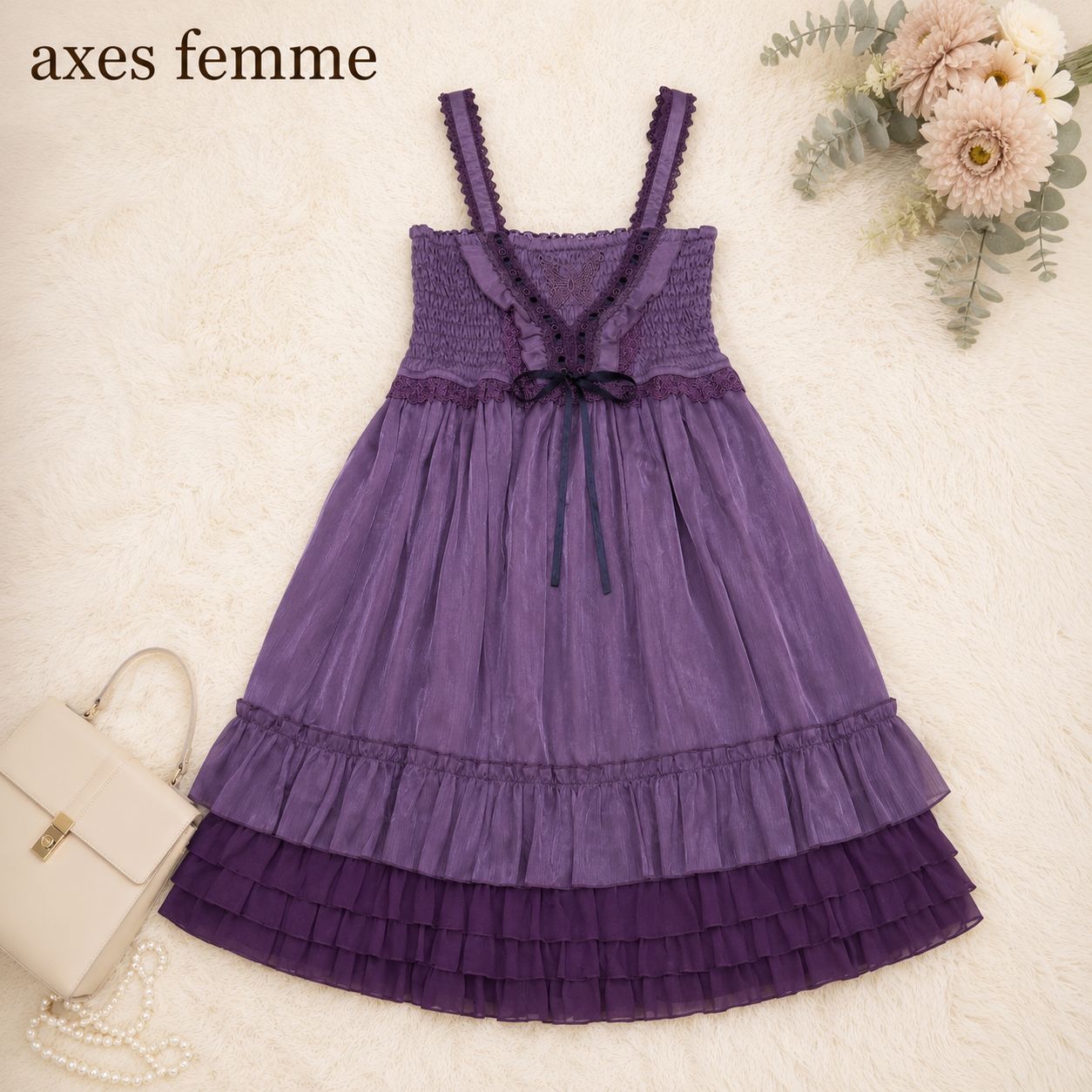 axes femme アクシーズファム 夏 ワンピース M 紫 シャーリング フリル