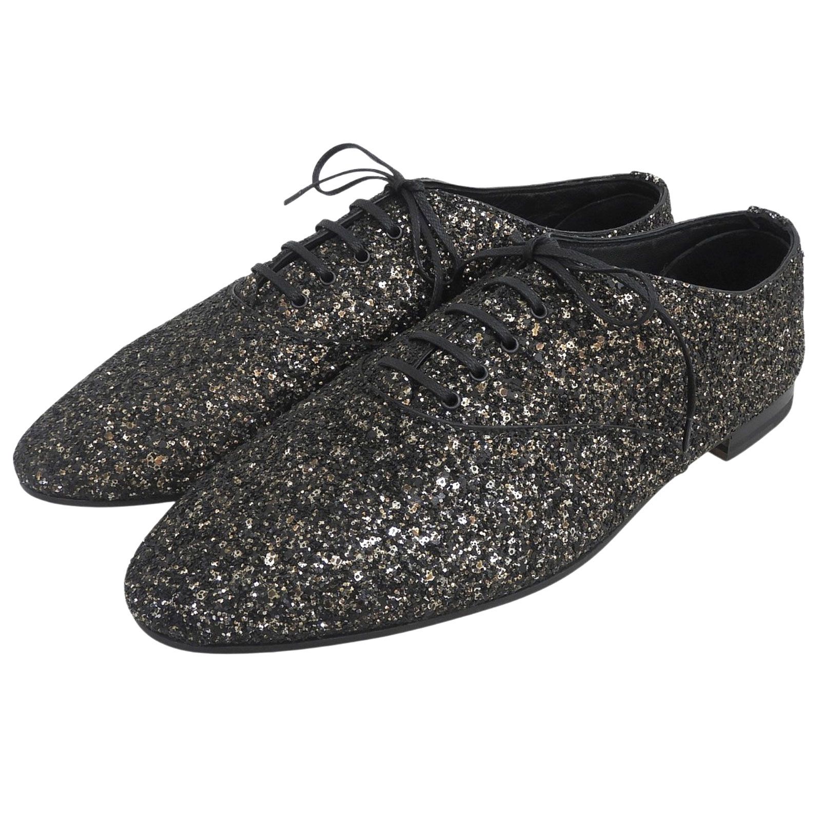 極美品▲SAINT LAURENT PARIS サンローランパリ 528385 グリッター レースアップ レザーシューズ ブラック 42 イタリア製 メンズ