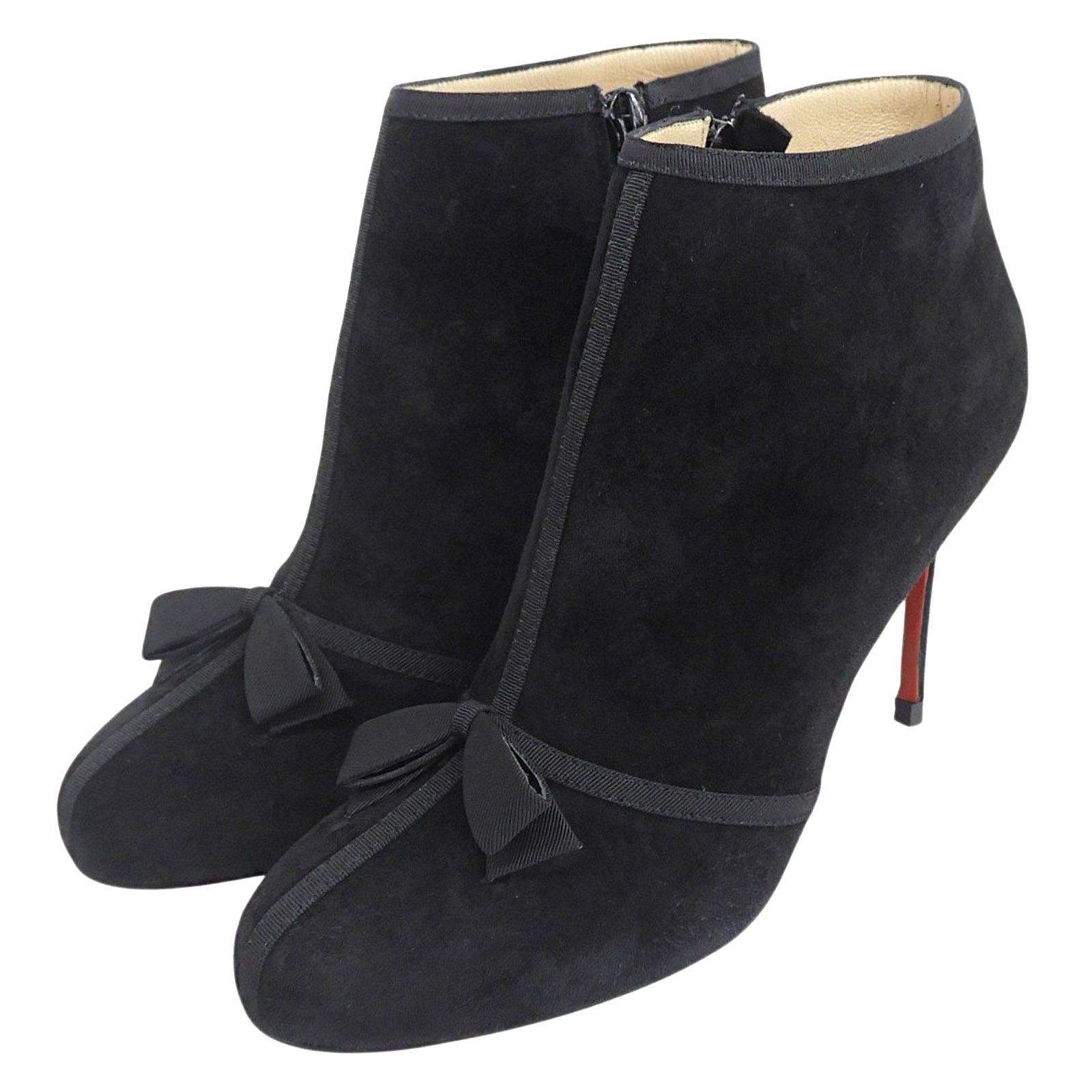 美品▲Christian Louboutin クリスチャンルブタン Arnoeud スウェードレザー リボンデザイン アンクルブーツ 黒 37.5 イタリア製 箱付き