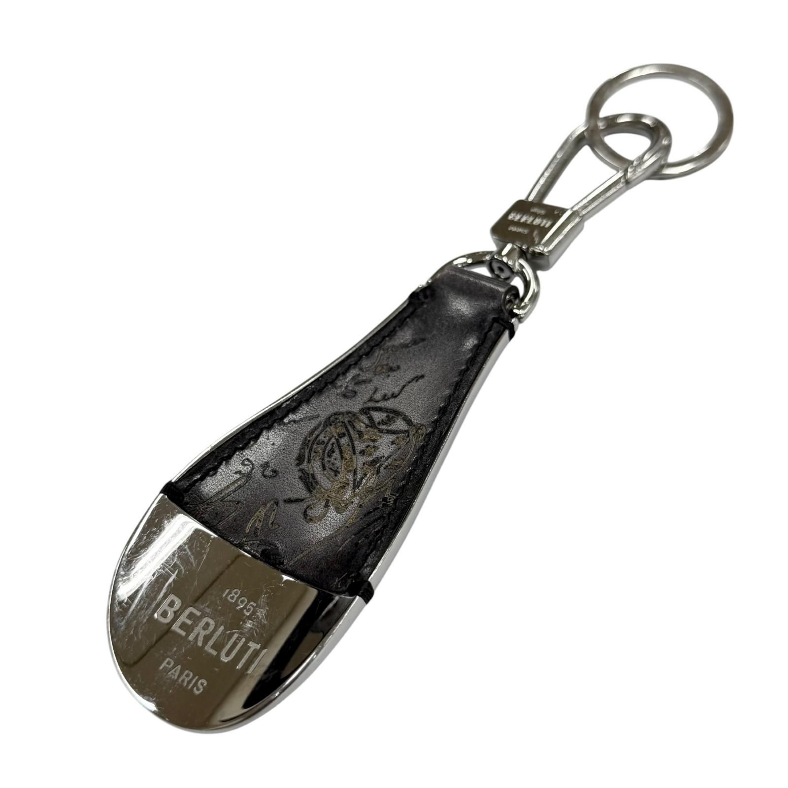美品▼BERLUTI ベルルッティ カリグラフィ ロゴ刻印 レザー使い シューホーン 靴べら キーホルダー シルバー グレー イタリア製 メンズ