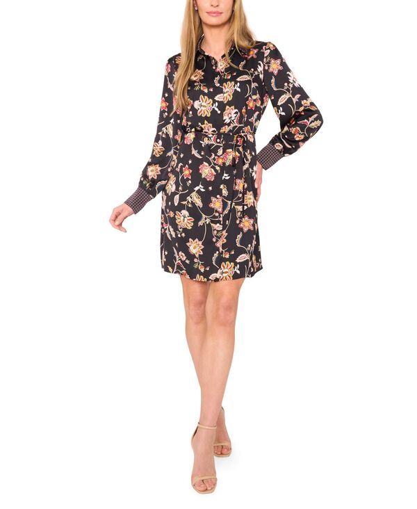 セセ レディース トップス ワンピース シャツワンピース プリント シャツ CeCe Womens Mix Print Long Sleeve Shirt Dress Rich Black ブラック