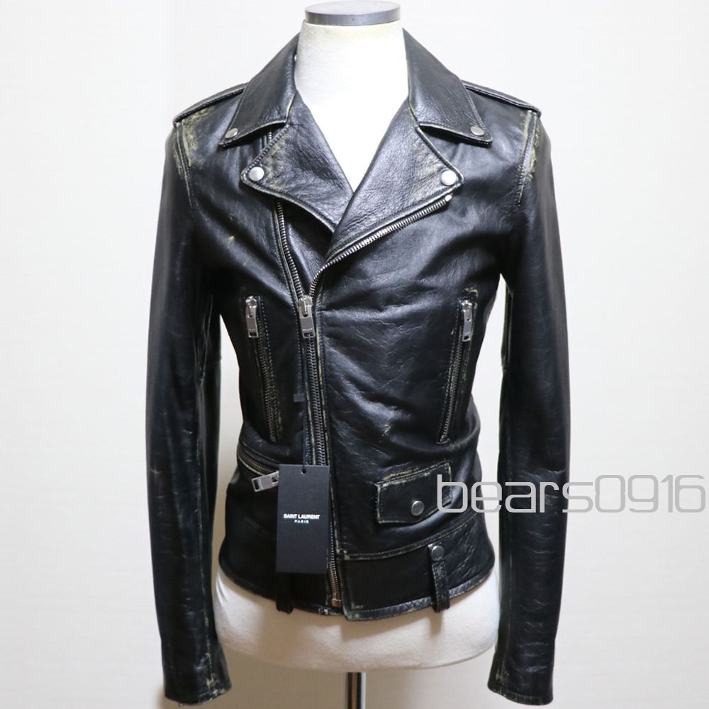 【新品タグ付き】サンローランパリ レザーライダースジャケット メンズ 46 M 黒 SAINT LAURENT PARIS イタリア製 2016年 エディ期 L01 カーフレザー エイジング加工