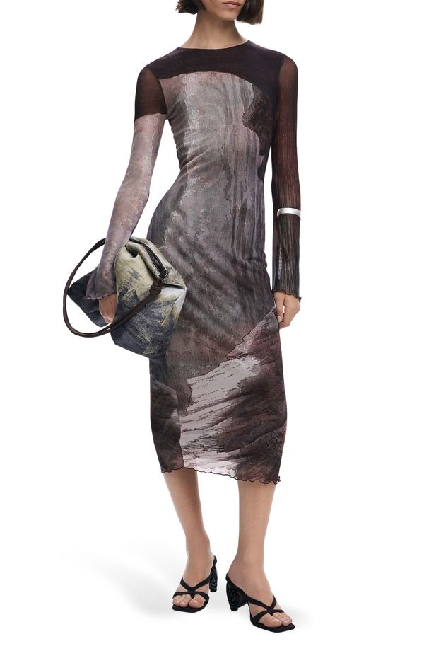 デジグアル レディース トップス ワンピース プリント メッシュ ミディ Desigual Abstract Print Long Sleeve Mesh Midi Dress Dark Brown