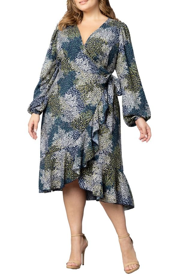 キヨナ レディース トップス ワンピース ミディ Kiyonna Julia Long Sleeve Midi Wrap Dress Blue Impressionist Print ブルー
