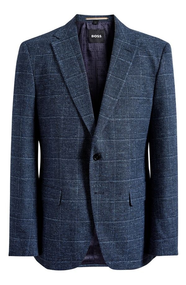 ボス メンズ アウター ジャケット・ブルゾン コットン コート BOSS Hutson Dark Blue Windowpane Check Slub Cotton Blend Sport Coat