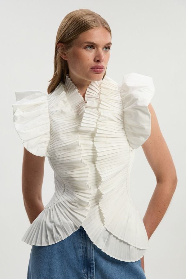 カレンミレン レディース トップス シャツ プリーツ フリル Karen Millen Pleated Ruffle Sleeve Woven Top Ivory アイボリー