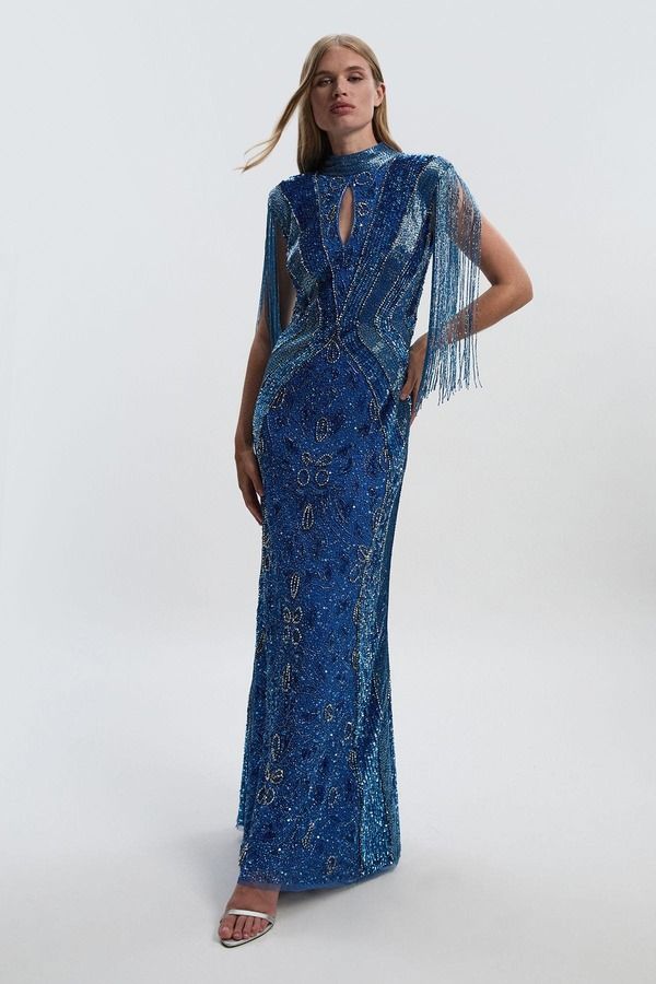 カレンミレン レディース トップス ワンピース プチ キャップ マキシ Karen Millen Petite Beaded Cap Sleeve Maxi Dress Blue ブルー