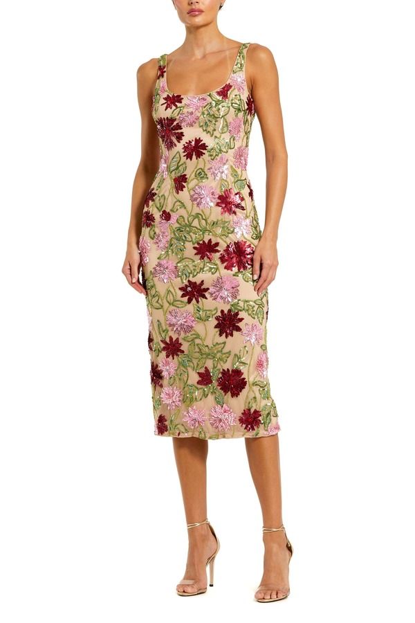 マックダガル レディース トップス ワンピース フラワー柄 メッシュ ミディ フラワー Mac Duggal Womens Floral Beaded Mesh Scoop Neck Fitted M