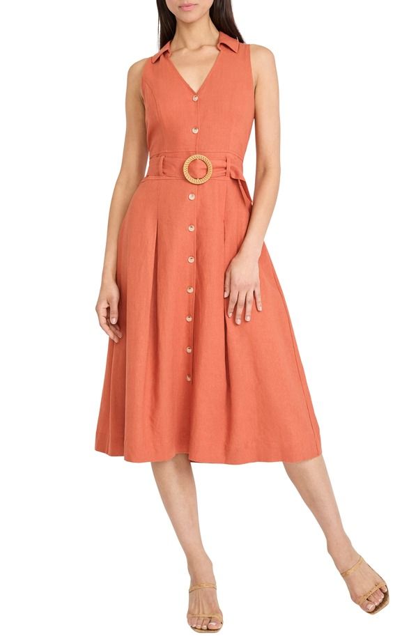 マギーロンドン レディース トップス ワンピース ミディ シャツ ノースリーブ リネン Maggy London Sleeveless Linen Blend Midi Shirtdress Burn