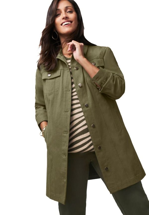 ジェシカロンドン レディース ボトムス デニムパンツ ジャケット Jessica London Long Denim Jacket Dark Olive Green グリーン