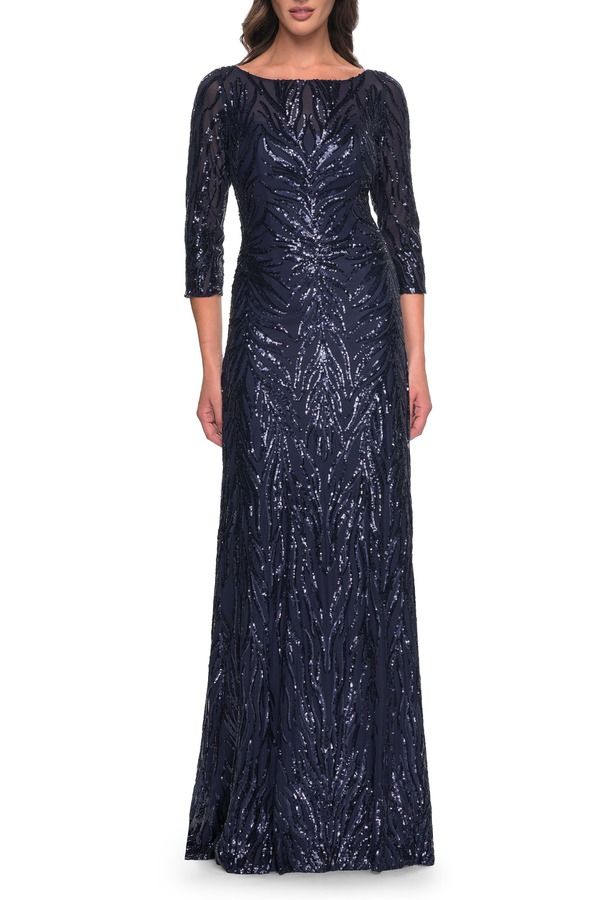 ラフェム レディース トップス ワンピース プリント スパンコール La Femme Print Sequin Gown withigh Neckline and Sleeves Navy ネイビー