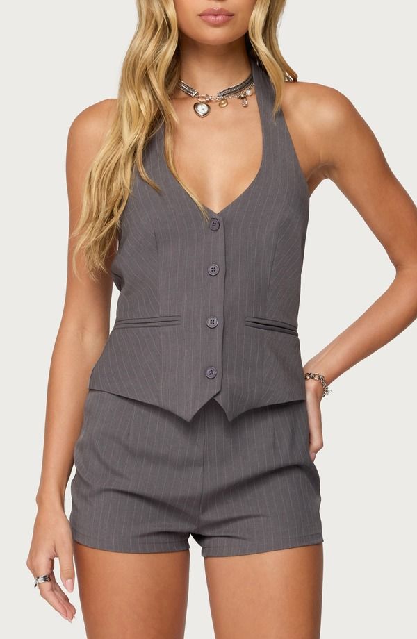 アディクテッド レディース アウター ベスト ホルター EDIKTED Riya Pinstripe Halter Vest Gray グレー