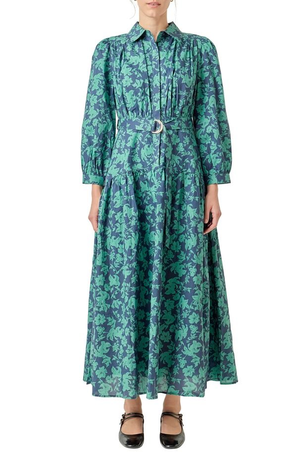 イングリッシュファクトリー レディース トップス ワンピース ティアード プリント ミディ コットン English Factory Belted Tiered Print Long Sleeve C