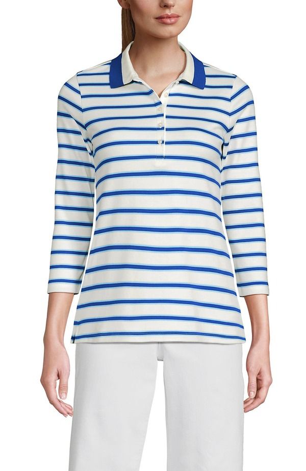ランズエンド レディース トップス ポロシャツ コットン Lands End 34 Sleeve Supima Cotton Polo Shirt Sapphire Gem StripeTipped