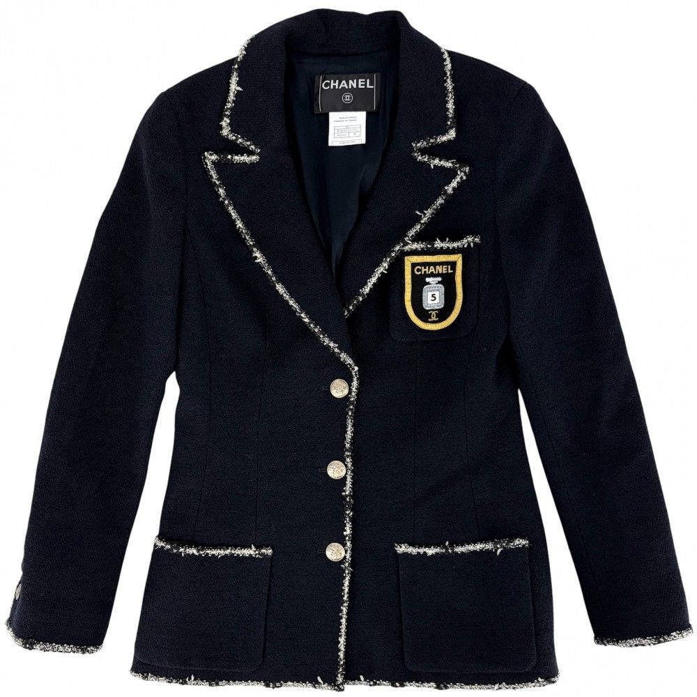 シャネル テーラードジャケット レディース アウター ココマーク エンブレム アパレル 服 CHANEL 38 ネイビー 紺 ウール コットン ナイロン 春 秋 2005年【中古品】