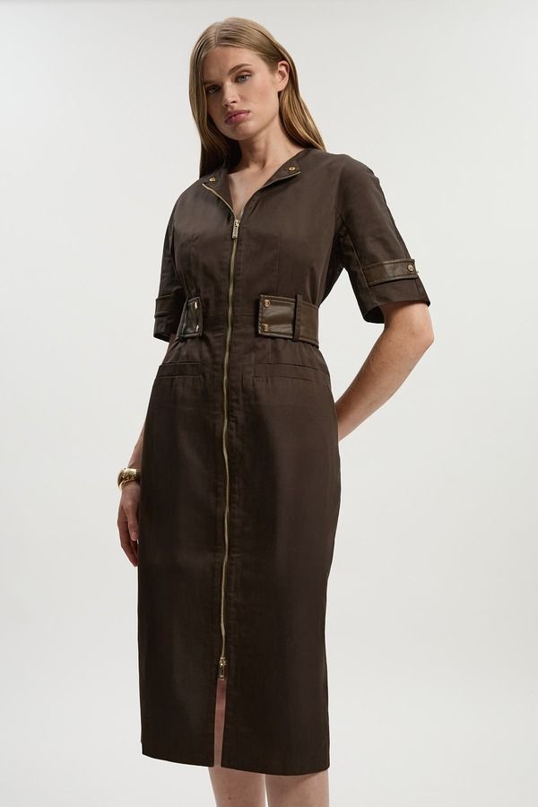 カレンミレン レディース ボトムス カジュアルパンツ ミディワンピース ミディ コットン Karen Millen Cotton Utility Midi Dress Chocolate チョコレート