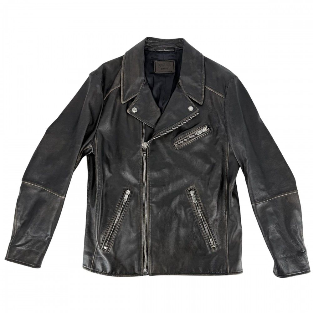 プラダ ライダースジャケット メンズ レザージャケット アウター ブルゾン アパレル 服 PRADA 50 ブラウン系 シルバー金具 牛革 春 秋【中古品】 155,000円