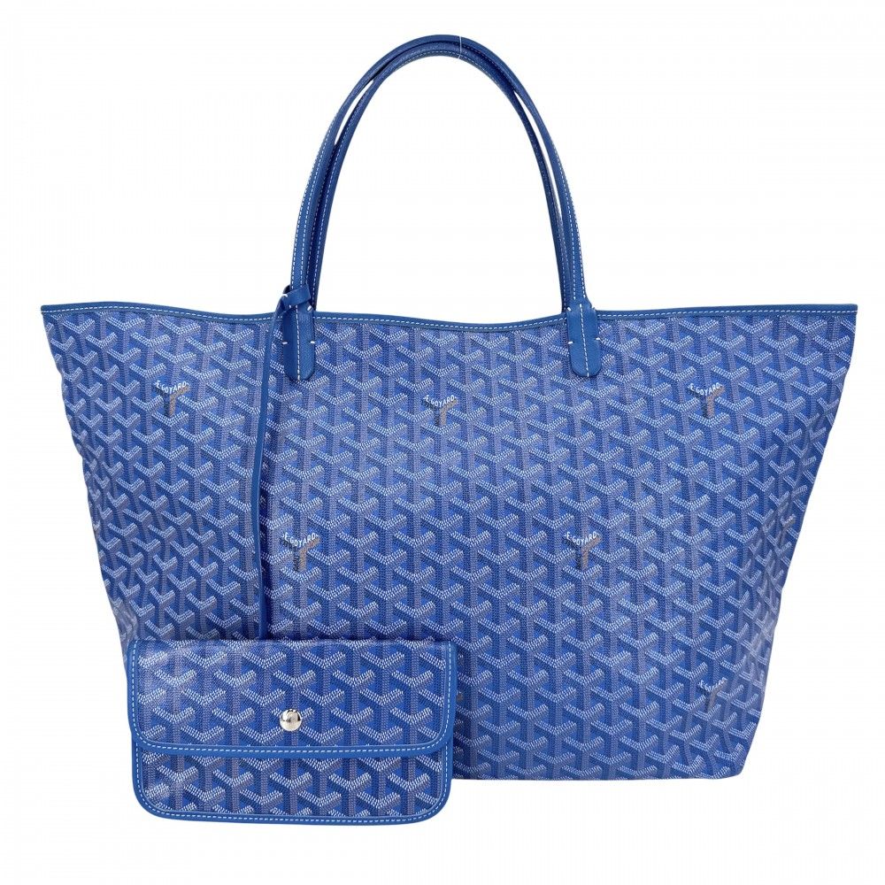 ゴヤール トートバッグ レディース サンルイGM ハンドバッグ ポーチ付き 肩掛け GOYARD コーティングキャンバス レザー ブルー 青 シルバー金具【中古品】