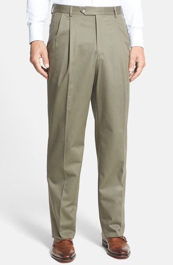 ベール メンズ ボトムス カジュアルパンツ プリーツ コットン Berle Pleated Classic Fit Cotton Dress Pants Olive オリーブ