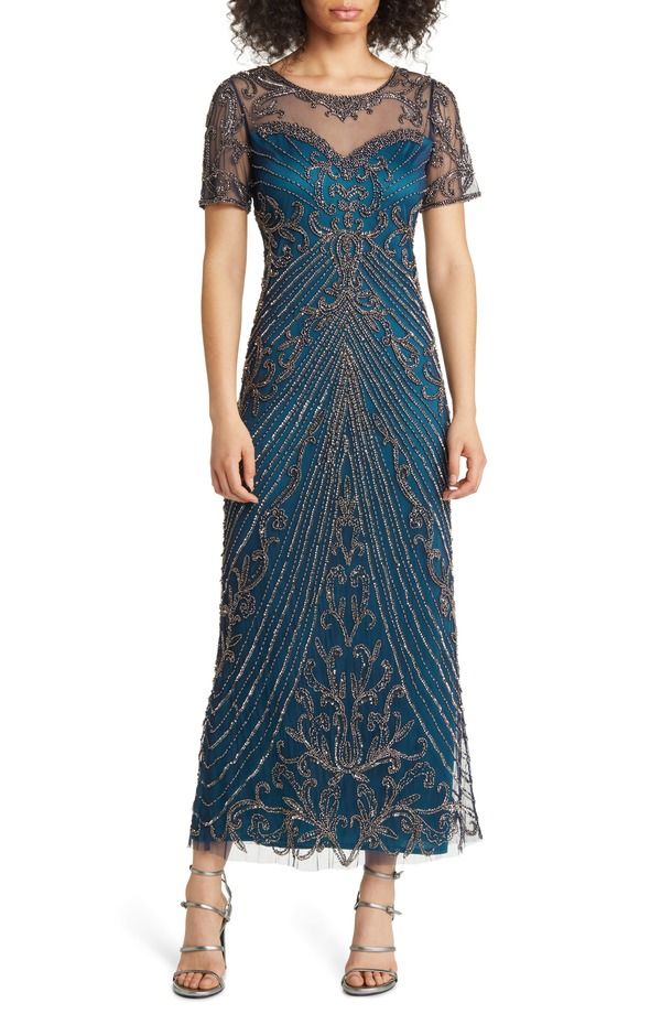 ピサッロナイツ レディース トップス ワンピース メッシュ Pisarro Nights Illusion Beaded Mesh Column Gown Cobalt 435 コバルト