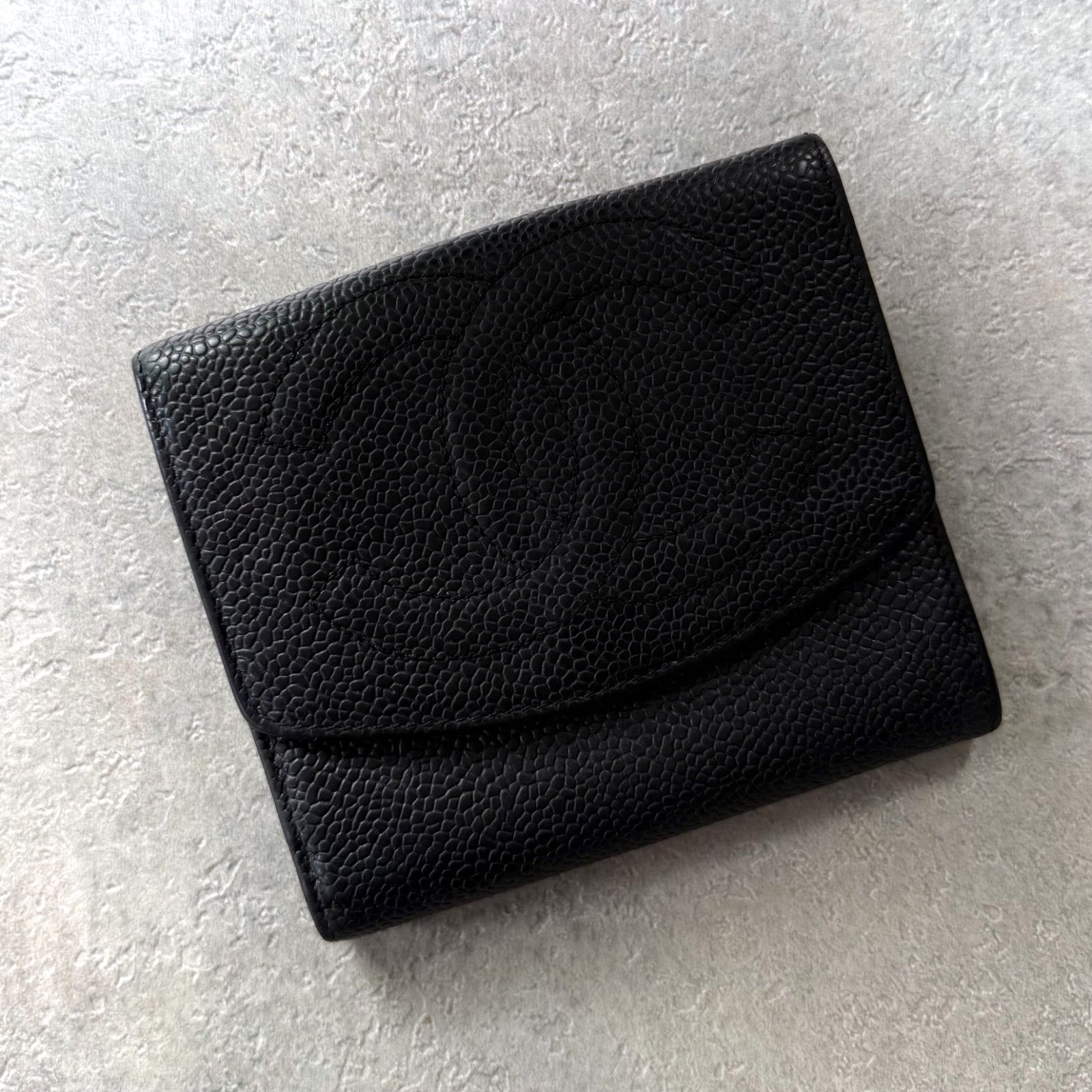 CHANEL シャネル タイムレスCC 二つ折り財布 キャビアスキン ウォレット ココマーク レザー 黒 ブラック wホック