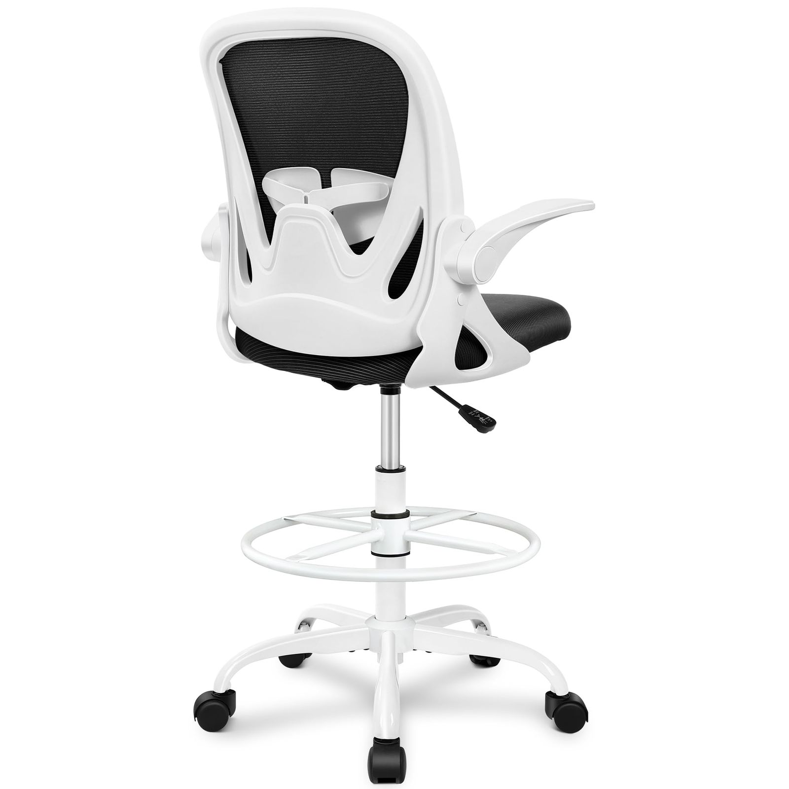 Primy デスクチェア オフィスチェア 人間工学椅子 製図用スツールチェア フットリング付き スタンディングオフィスチェア 跳ね上げ式アームレスト 通気性メッシュ ランバーサポート調整可能 疲れない コンパクトテレワーク 360度回転 おしゃれ ホワイトｍａ