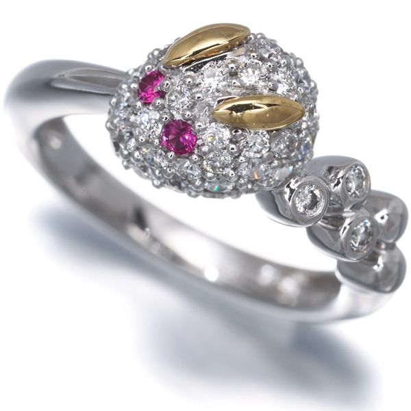 ダイヤ ダイヤモンド 0.37ct ルビー 0.01ct 兎 ウサギ アニマル ピンキー パヴェ リング K18YG/WG #195198