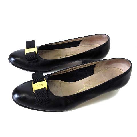サルヴァトーレフェラガモ Salvatore Ferragamo パンプス ヴァラ リボン 本革 カーフ レザー 8 C 黒 ブラック 25.0cm くつ 靴 シューズ 美品 大きいサイズ