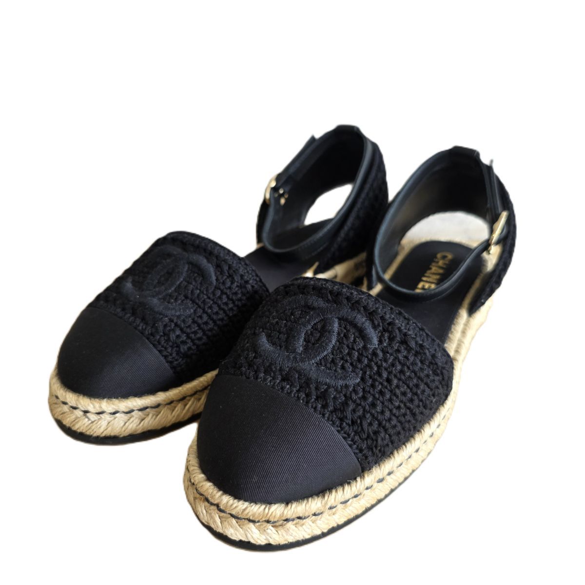 CHANEL シャネル 22P ココマーク エスパドリーユ フラットサンダル ニット 37　23.5ｃｍ サンダル レディース ニット ブラック 中古 47,880円