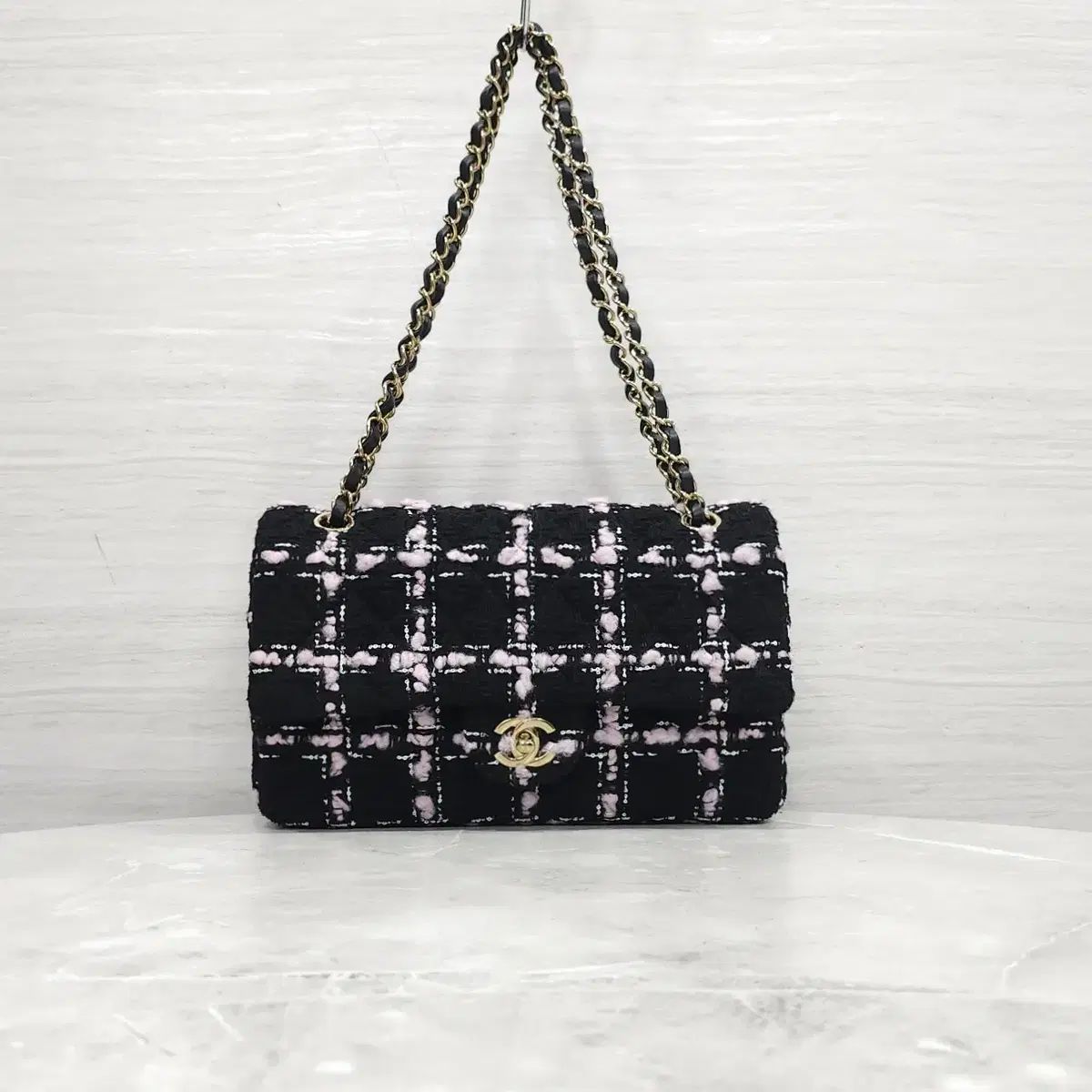 CHANEL シャネル クラシック ミディアム フラップバッグ ピンク ツイード ゴールド金具 A01112