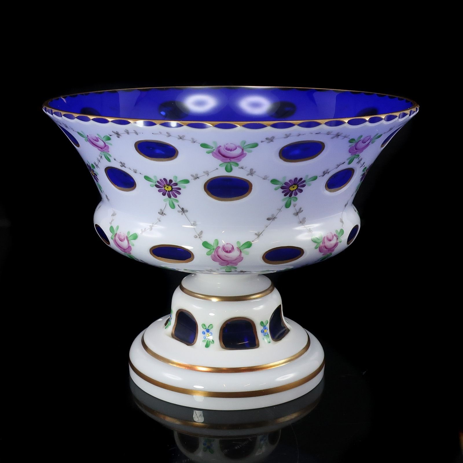 【Bohemian glass】ボヘミアガラス 花模様 コンポート ( ビーダーマイヤー / チェコスロバキア ) クリスタル _ 食器