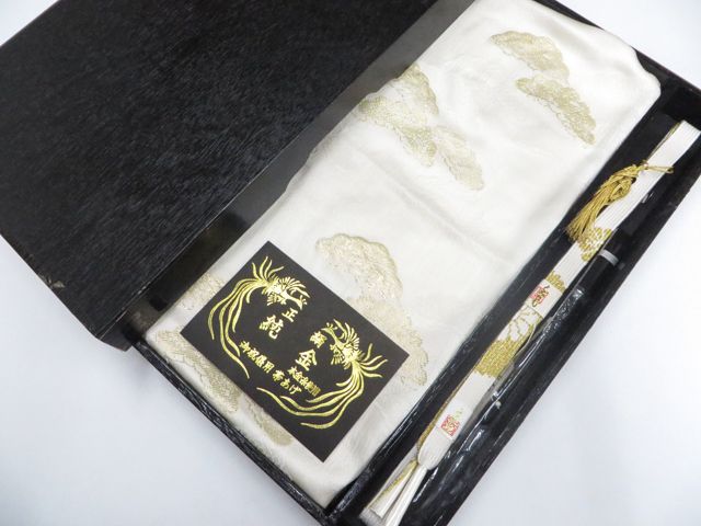 【京松】和装小物 帯締め帯揚げセット 礼装用 高麗組 手組 末広付 純金 本金糸 縫取 木箱 未使用品 r8w06-763