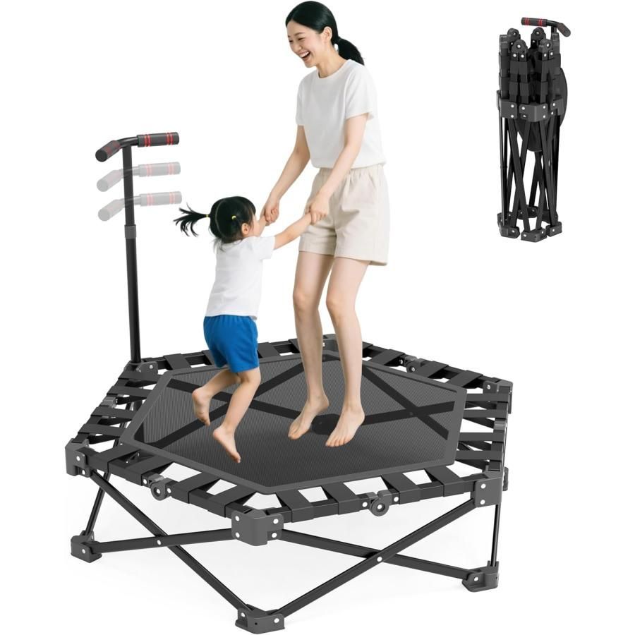【新品未使用】トランポリン 室内 折りたたみ式 静音 手すり付き 3段階調節 トレーニング エクササイズ 耐荷重150kg 収納便利 省スペース 組立簡単 高耐久 室外 ブラック 遊具 子供 大人 運動 ダイエット 器具 家庭用