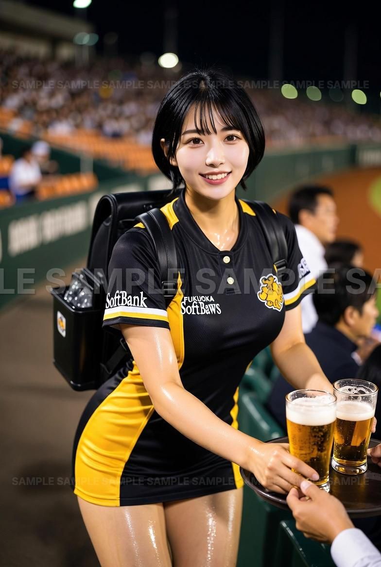 AIアート】【球場で輝く笑顔】ビール売り子グラビア 短髪美女