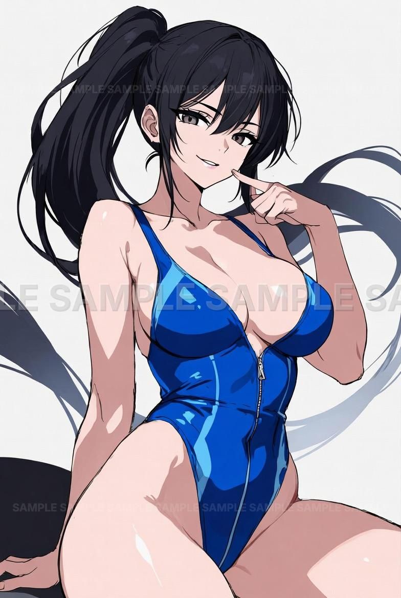 AIアート】【見惚れる水着姿】黒髪ポニーテール 美人イラスト 競泳水着