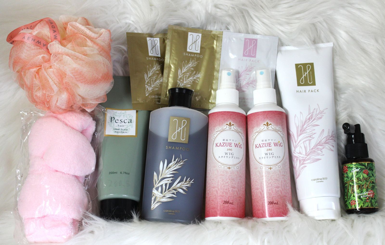【ペスカヘアパック内容量200ml中約8割程残×1本　キャロリーヌヘアパック内容量250ml中約8割程残×1本　シャンプー内容量310ml中約9割程残×1本　トニック内容量70ml中約9割程残×1本　スタイリングミスト内容量310ml中約9割程残×2本】