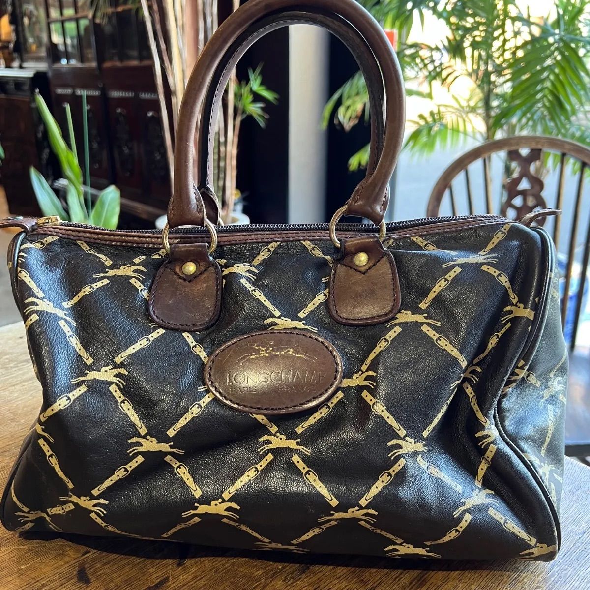 ヴィンテージ ロンシャン（Longchamp） 総柄／レザー ミニボストン 