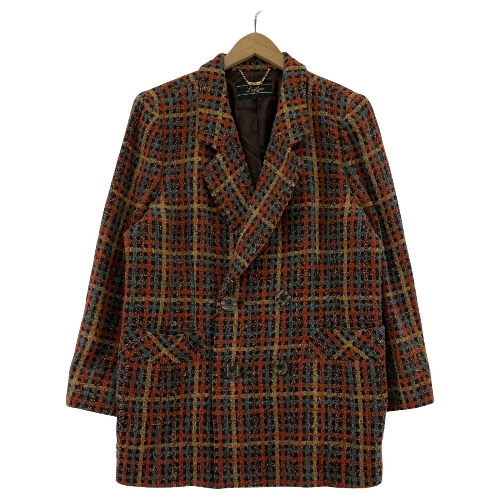 Leilianレリアン 西ドイツ製生地 シルク混 チェックジャケット13+ Leilian レリアン 肩パット付き チェックジャケット size13＋/オレンジ