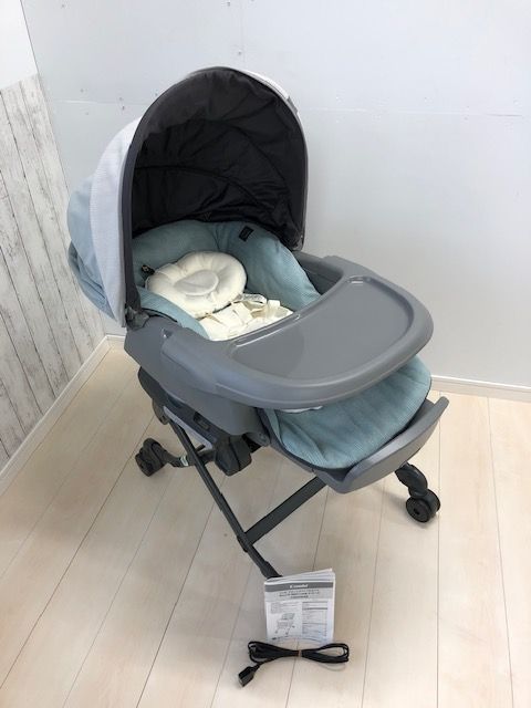 美品　クリーニング済み　説明書付　ホワイトレーベル ネムリラ AUTO SWING BEDi Long スリープシェル EG ミンティブルー コンビ(Combi) 電動　ハイローチェア・ベビーラック0625-2