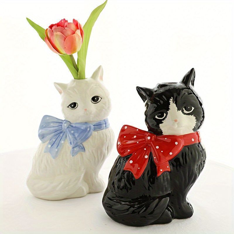花瓶 花びん おしゃれ 猫 ねこ ネコ ホワイト ブラック セラミック オシャレ インテリア雑貨 花器 生け花 装飾 玄関 リビング ダイニング