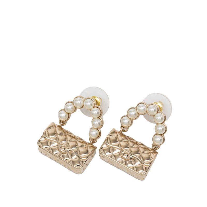 シャネル ヴィンテージ マトラッセ ココマーク バッグ モチーフ ピアス ゴールド メッキ フェイクパール レディース CHANEL【1-0276208】