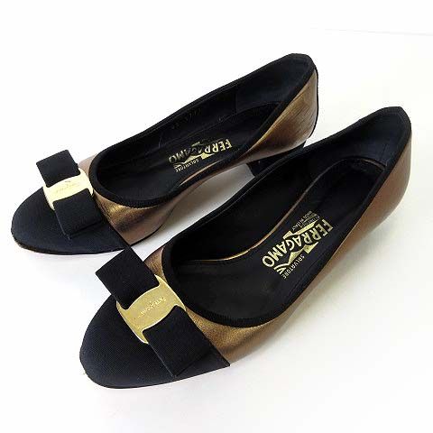 サルヴァトーレフェラガモ Salvatore Ferragamo パンプス ヴァラ リボン 本革レザー サテン ドッキング 5 D 黒 ブラック ブロンズカラー 22.0cm くつ 靴 シューズ